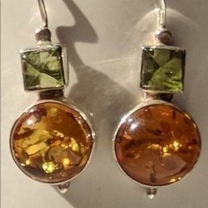 925 Sterling Silver Green & Orange Dangle Earrings